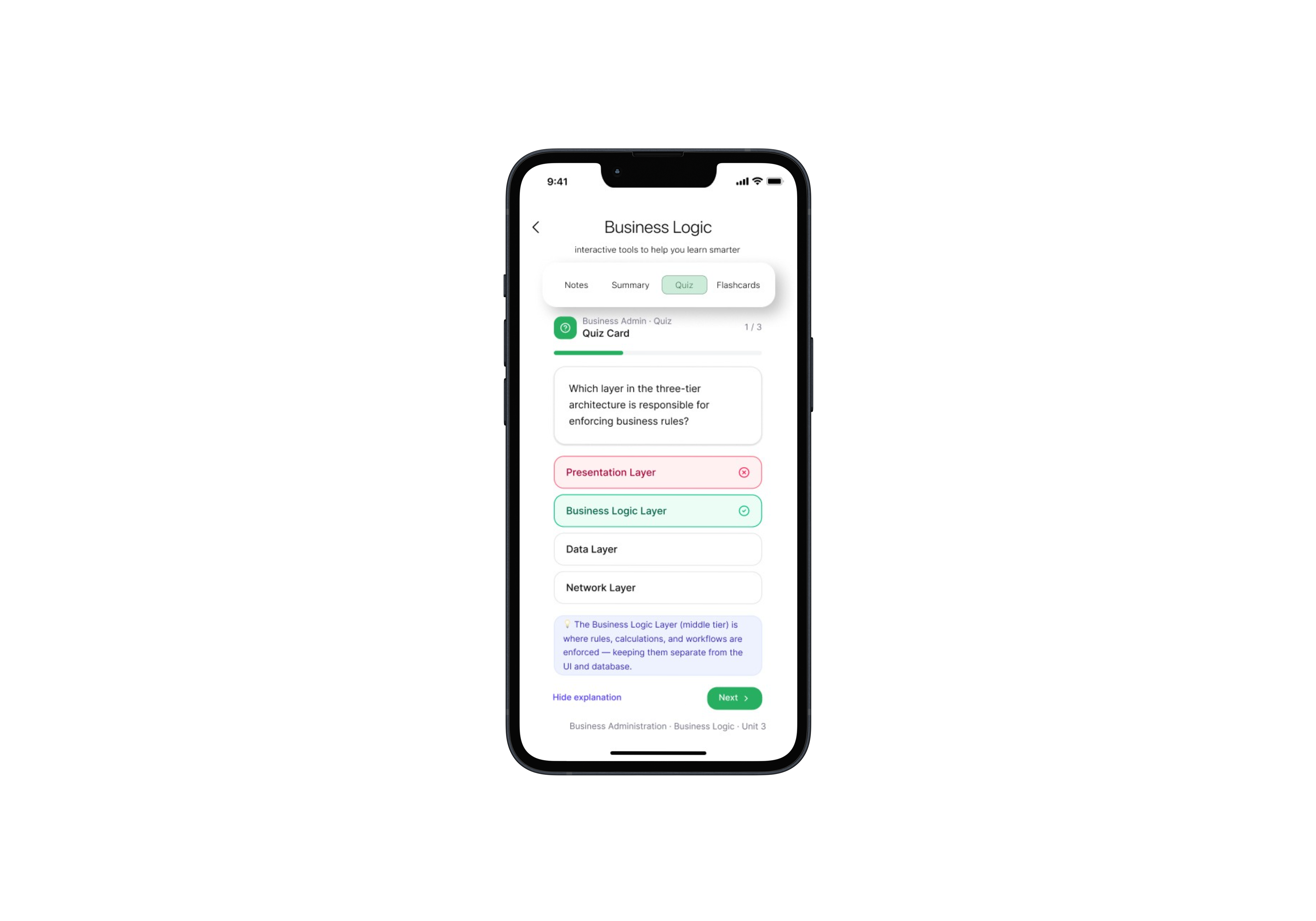 Uniflow quiz notes screen